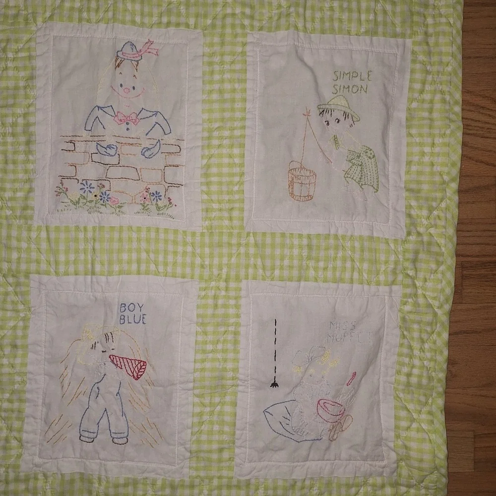 Vtg Quilt Baby Nursery Rhyme  Embroidered Block Gingham Green 4x3 Cottagecore